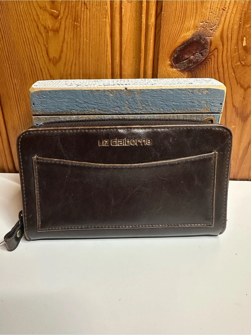 Liz Claiborne Dark Brown Leather Zip Wallet with Front Slip Pocket